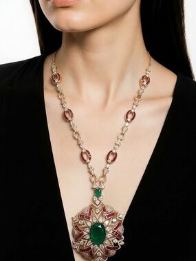 Luxurious Gold Necklace with Emerald & Ruby Accents - Women Jewelry